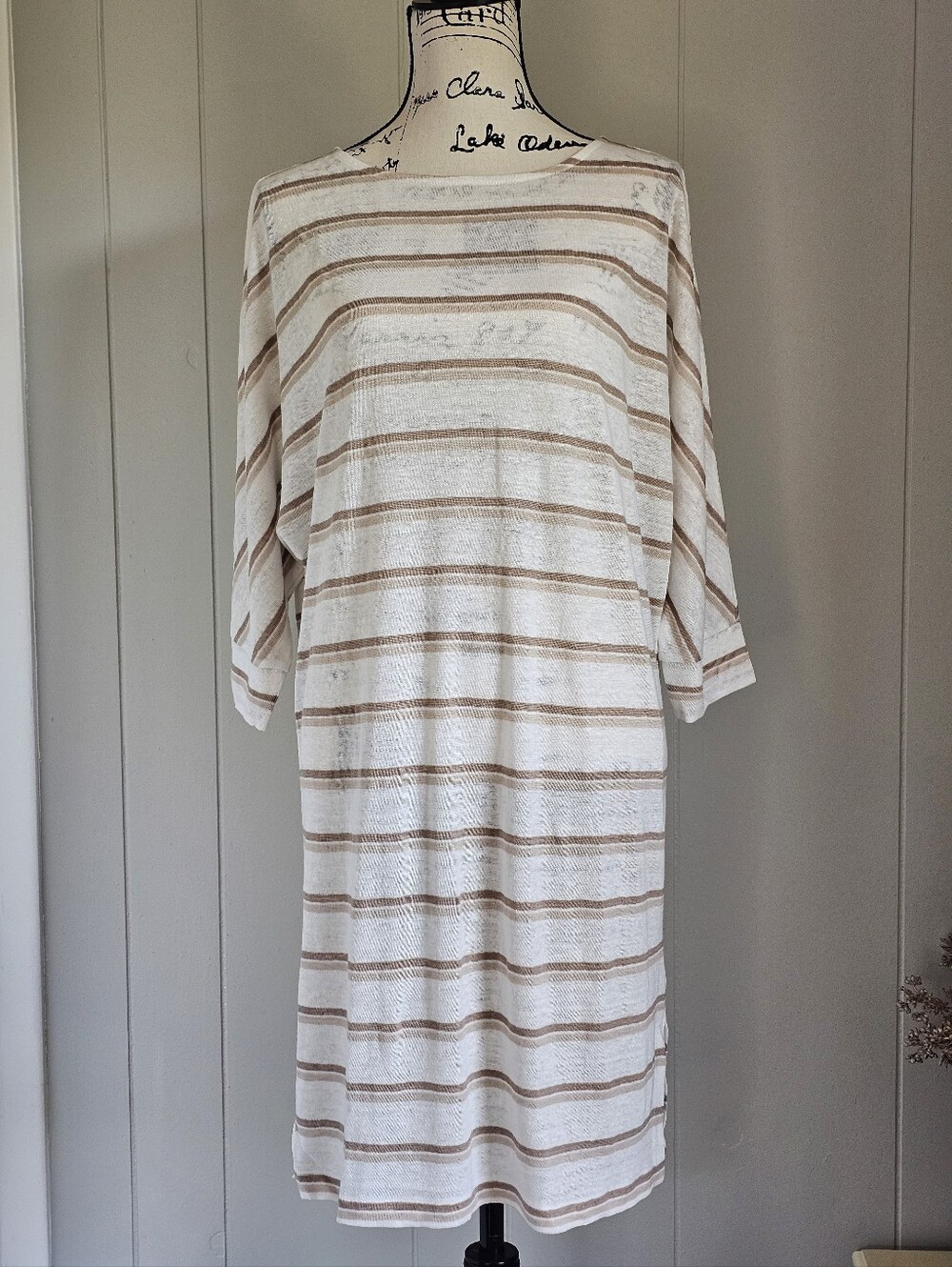 Garnet Hill Organic Linen Striped Knit Shift Dress in White and Light Brown, XL